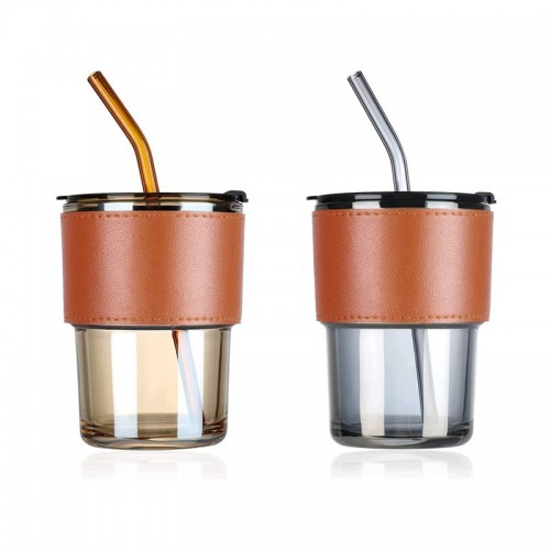 450 ML Glass Tumbler with Lid, Straw and Protective Anti-Slip Leather Sleeve