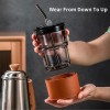 450 ML Glass Tumbler with Lid, Straw and Protective Anti-Slip Leather Sleeve